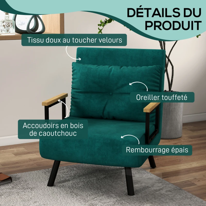 HOMCOM Fauteuil convertible 1 place fauteuil-lit chauffeuse 3 en 1 dossier réglable oreiller tissu velours 63x73x81cm vert