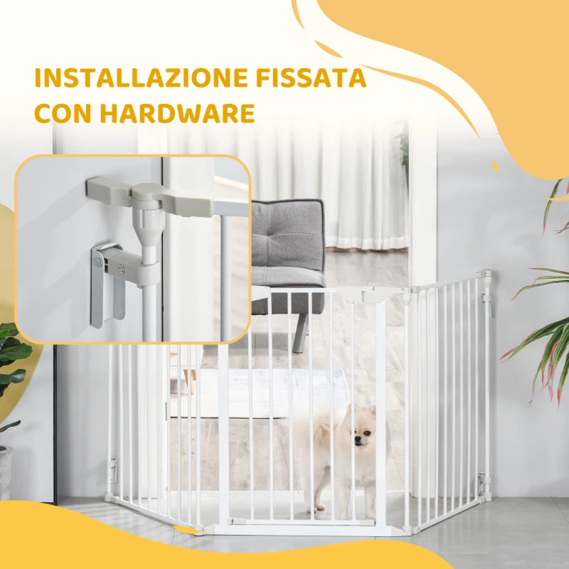 PawHut Cancelletto per Cani con Chiusura Automatica e Sistema di Blocco, in Metallo e Plastica, 180x74.5 cm, Bianco