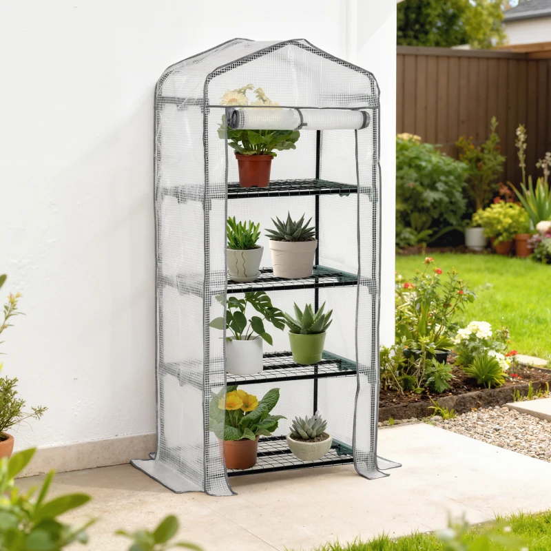Outsunny 4 Tiers Mini Portable Greenhouse Compact Plant Grow Shed Metal Frame PE Cover 160H x 70L x 50Wcm