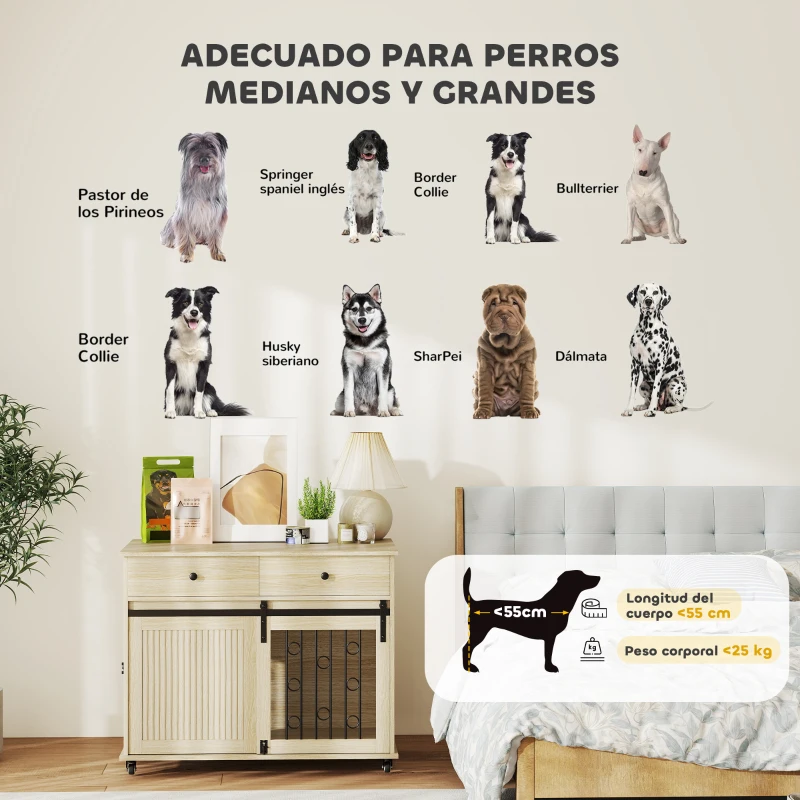 PawHut Jaula para Perros Medianos y Grandes Mesa Auxiliar Moderna con 2 Cajones 2 Puertas y Cierre 100x56x81 cm Roble