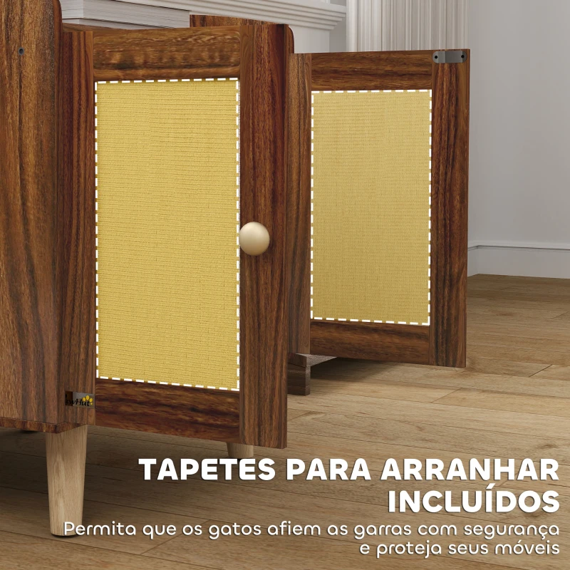 PawHut Móvel Caixa de Areia para Gatos com Tapetes de Sisal Pés de Madeira 55x43x59,6 cm Castanho Rústico