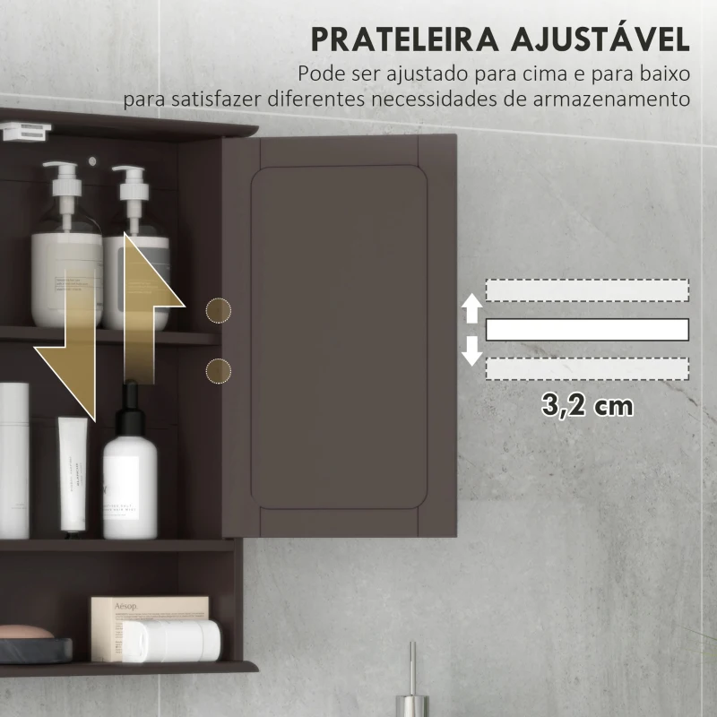 kleankin Armário de Casa de Banho com Espelho 2 Portas Prateleira Aberta Móvel de Casa de Banho Suspenso 56x13x58cm Castanho Escuro