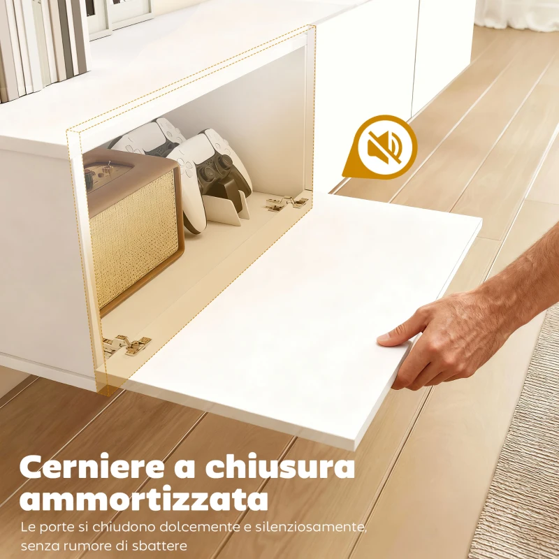 HOMCOM Mobile Porta TV fino a 82" Sospeso con 3 Armadietti a Ribalta e Ante Soft Close, Bianco