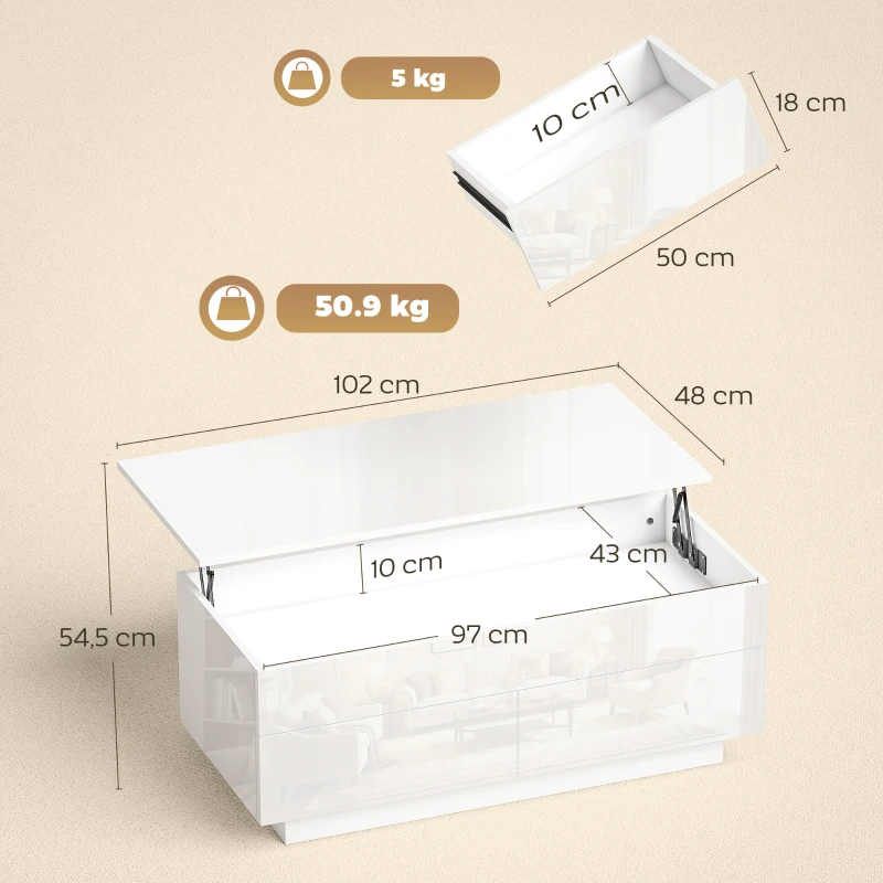 HOMCOM Mesa de centro regulable en altura, mesa de salón moderna con compartimento oculto y 2 cajones, blanco alto brillo