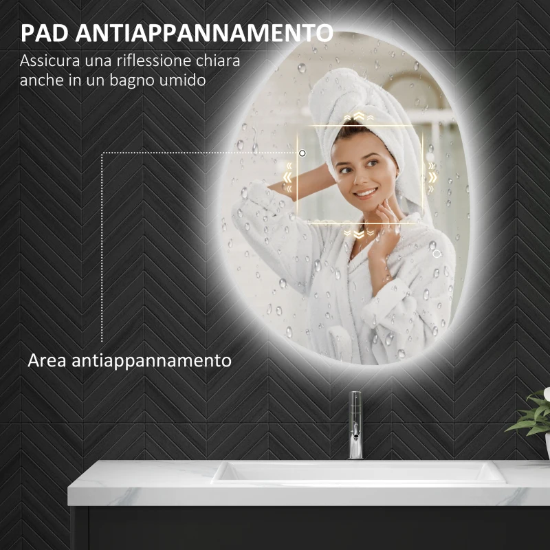 HOMCOM Specchio da Bagno Illuminato a LED con Colore e Temperatura Regolabile, in Vetro Temperato, 80x5x60 cm, Argento