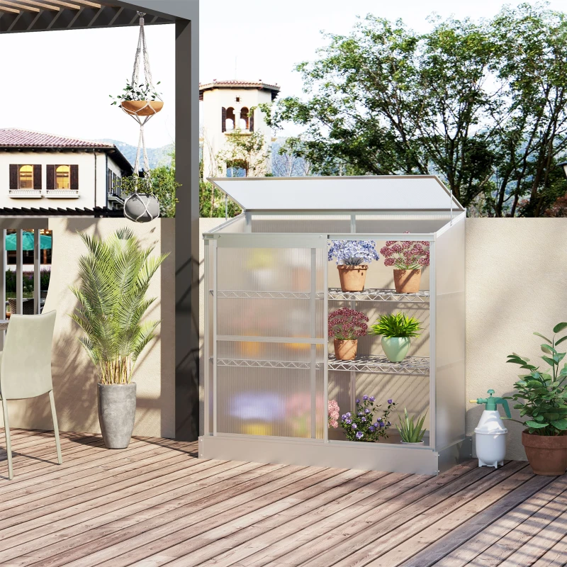Outsunny 3 Tier Greenhouse Garden Outdoor Cold Frame Plant Flower Growth Transparent Polycarbonate Board Openable Roof Sliding Door w/ Foundation 131L x 58W x 140H cm