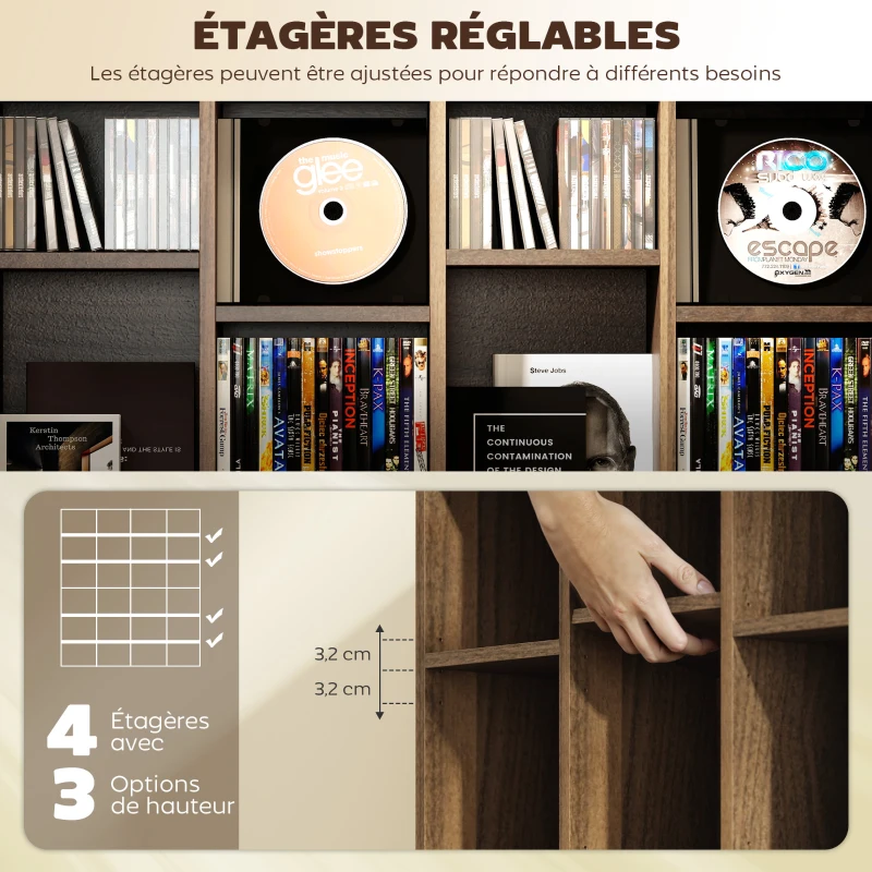 HOMCOM Meuble de rangement multimédia 456 CD/ 336 DVD - bibliothèque en bois avec étagères réglables, 89 x 130,5 cm, marron(m-5)
