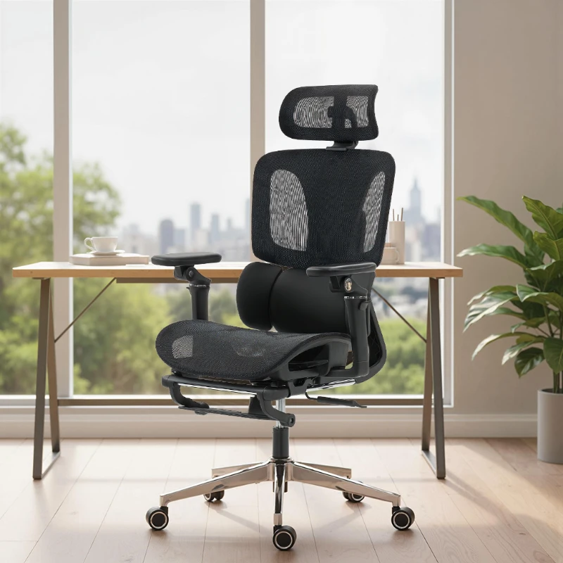 HOMCOM Cadeira de Escritório Ergonómica Cadeira de Secretária com apoio lombar e de cabeça ajustáveis, apoios de braço 5D dobráveis, apoio de pés, malha preta