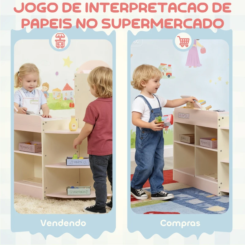 AIYAPLAY Supermercado de Brinquedo em Madeira Loja com Caixa Registadora Máquina de Venda Automática 3 Prateleiras Abertas 4 Compartimentos 90,7x60x73,8 cm Rosa