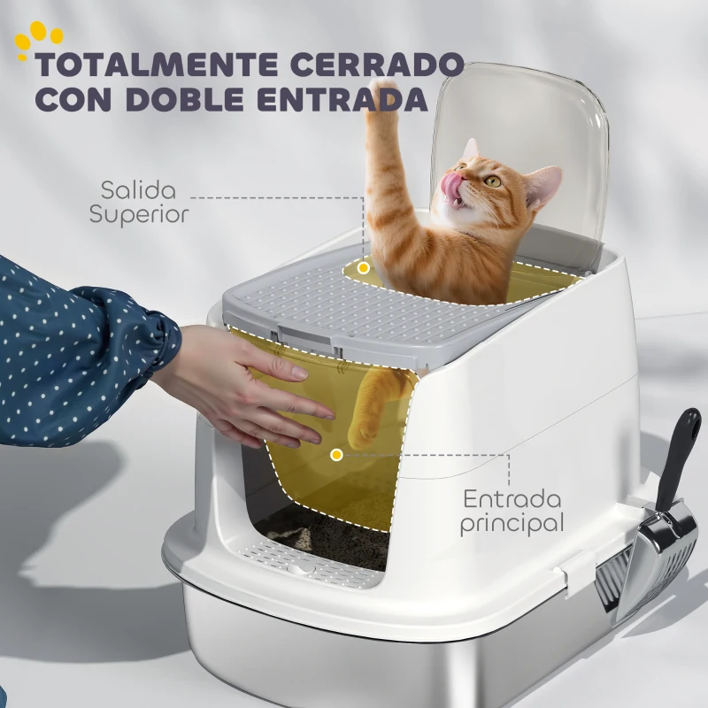 PawHut Arenero para Gatos de Acero Inoxidable L con Tapa Abatible Pala Metálica Bolsa Desodorizante Fácil de Limpiar Blanco