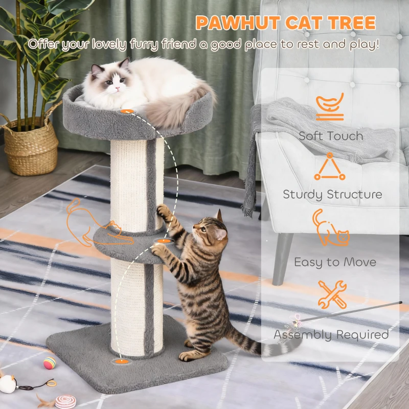 PawHut 91cm Cat Tree, Cat Tower with Scratching Post, Bed, Perch, Removable Cushion for Indoor Kittens, Grey