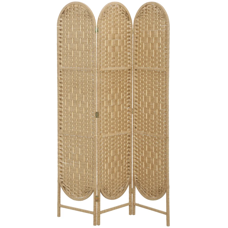 HOMCOM Paravent interieur ovale 3 panneaux 120 x 170 cm séparateur de pièce pliable, léger et tissé, bois naturel