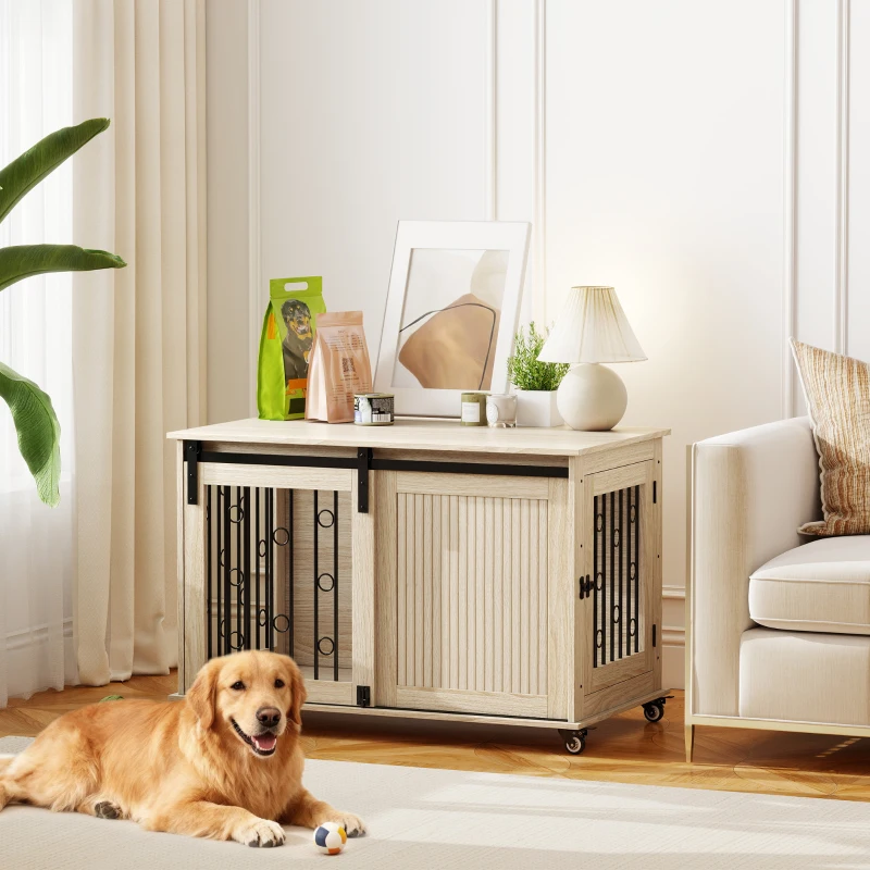 PawHut Jaula para Perros Medianos y Grandes Mesa Auxiliar Moderna con 2 Puertas y Cierre 100x56x65 cm Roble