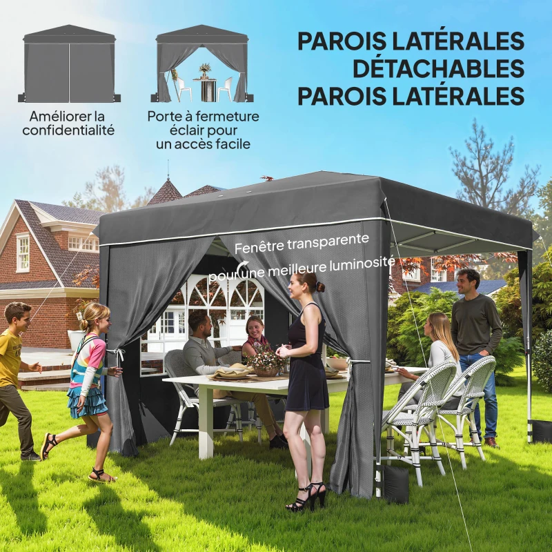 Outsunny Tonnelle de jardin exterieur 3x3m, tonnelle pliante avec parois latérales, protection UV 50+, sac de transport, gris