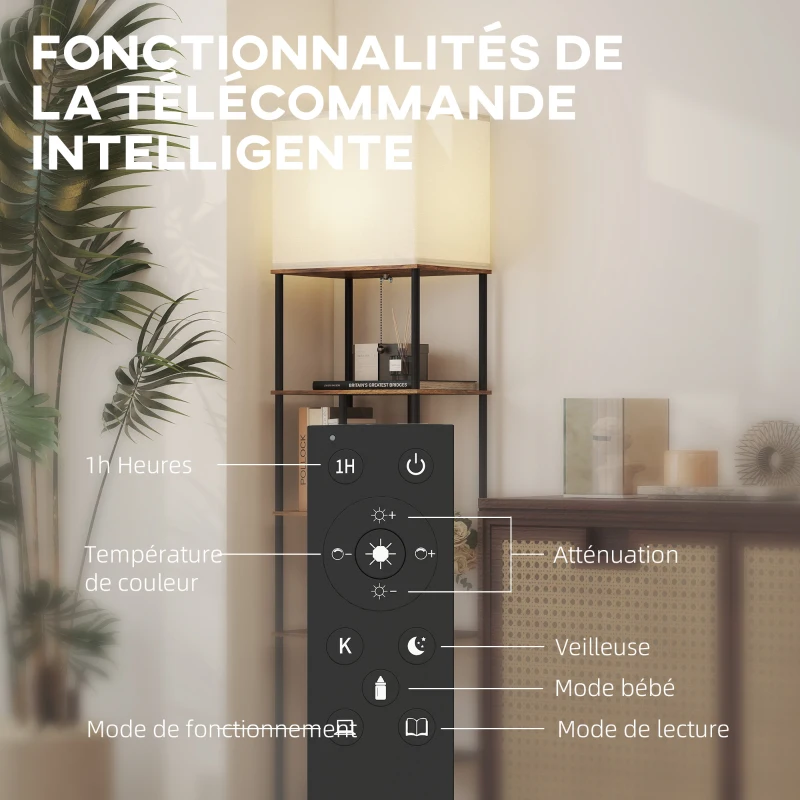 HOMCOM Lampadaire avec étagères, lampadaire sur pied de salon dimmable, télécommande, 40 x 29 x 171 cm, brun rustique
