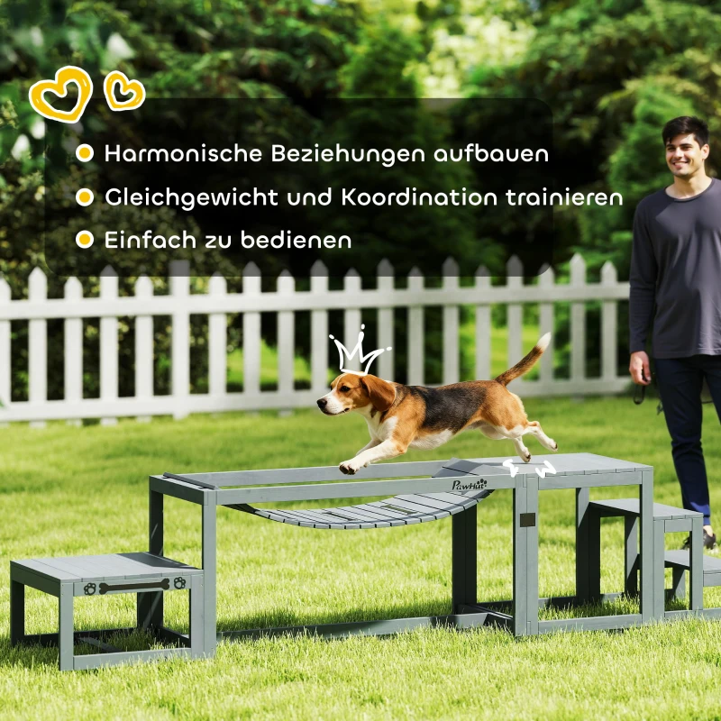 PawHut Agility Set Hunde 3-teiliges Set Agility-Ausrüstung mit Brücke, Treppe, Plattform, Tannenholz, 117 x 50 x 56 cm, Grau
