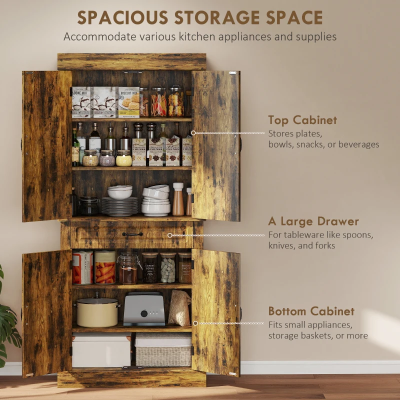 HOMCOM Tall Kitchen Cupboard, Kitchen Pantry Cabinet with Drawer, Shelves, Brown