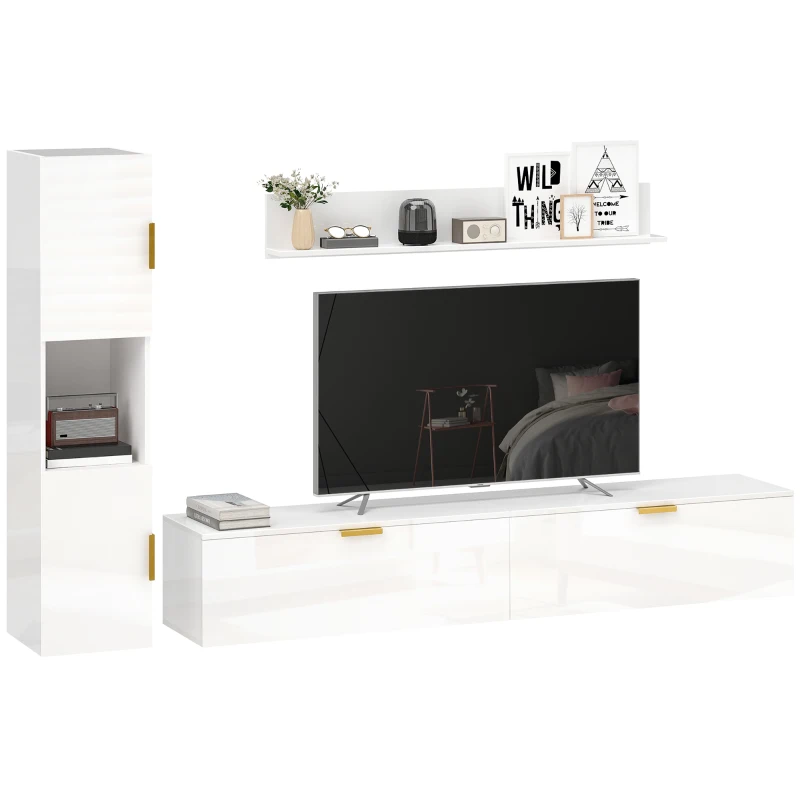 HOMCOM Mueble TV flotante con puertas abatibles, centro de entretenimiento, estantería y armario, 180 cm, Blanco alto brillo