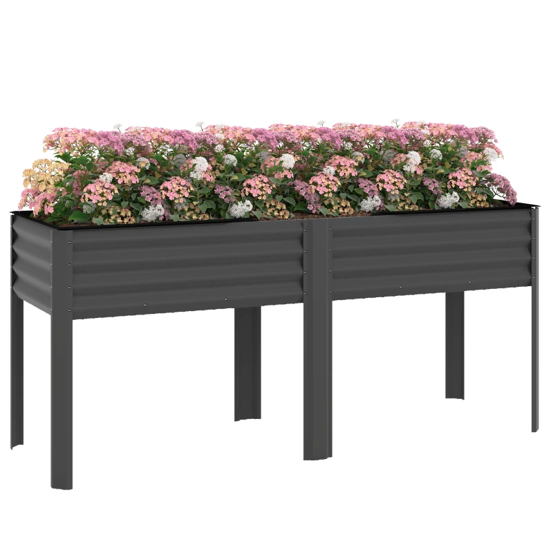 Outsunny Pat de grădină înălțat din metal, cutie de plantare extra mare cu traverse de întărire și insert din material nețesut, 180 x 55 x 80 cm, gri închis
