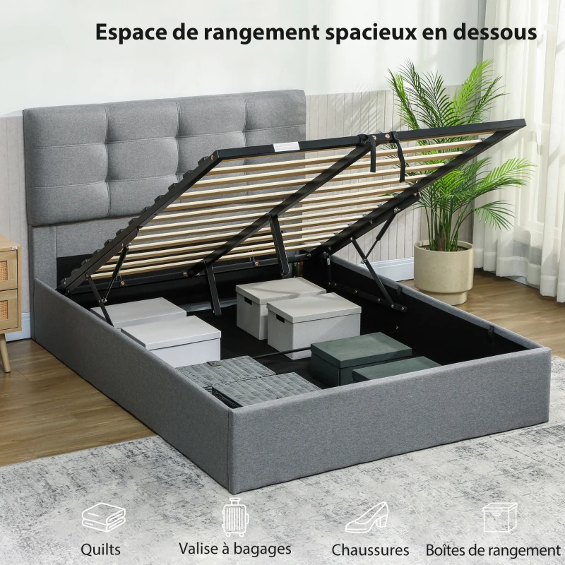 HOMCOM Lit coffre 140x190, cadre de lit double rembourré avec sommier à lattes en bois et rangement cach, sans matelas, gris