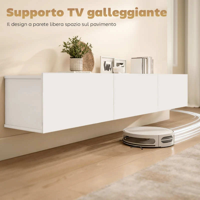 HOMCOM Mobile Porta TV fino a 82" Sospeso con 3 Armadietti a Ribalta e Ante Soft Close, Bianco