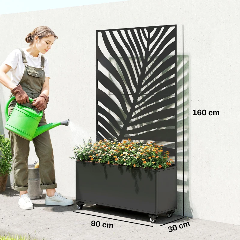 Outsunny Jardinieră cu spalier, cuvă pentru flori, cu paravan de intimitate și roți blocabile, metal, 90 x 30 x 160 cm, negru