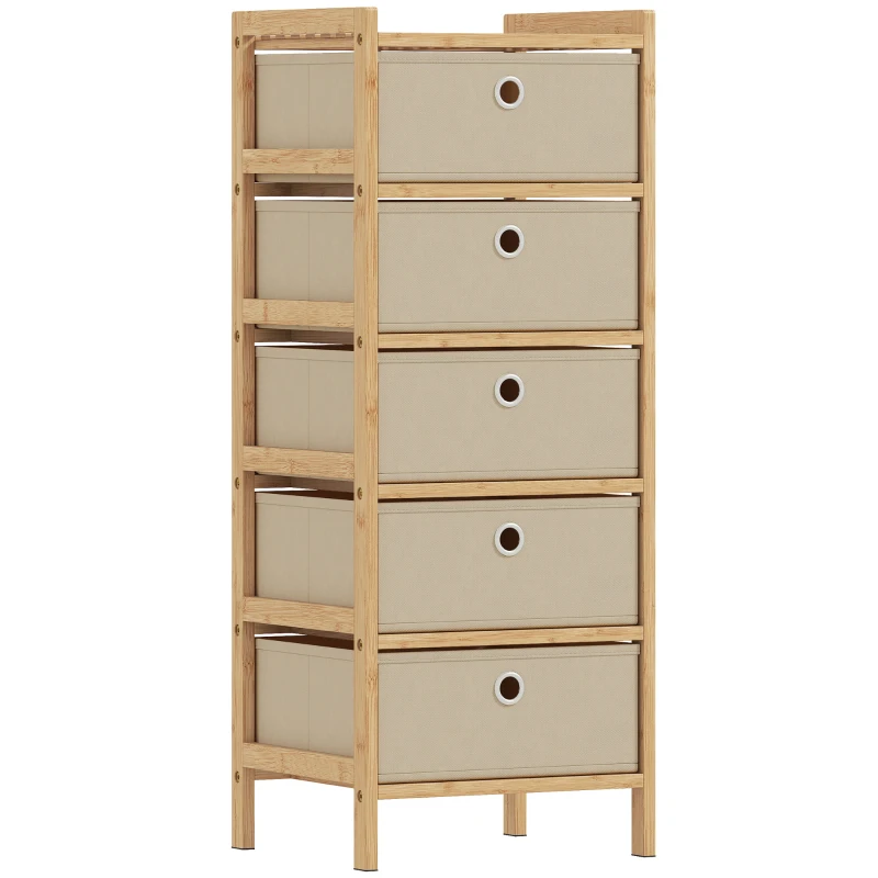 HOMCOM Commode avec 5 tiroirs en tissu Structure en bambou Commode pour petits espaces Crème et naturel