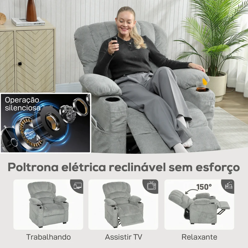 HOMCOM Poltrona Relax Reclinável Elétrica com Função Memória Apoia-Pés Controlo Remoto Bolsos Laterais Porta USB Porta-Copos Cinza
