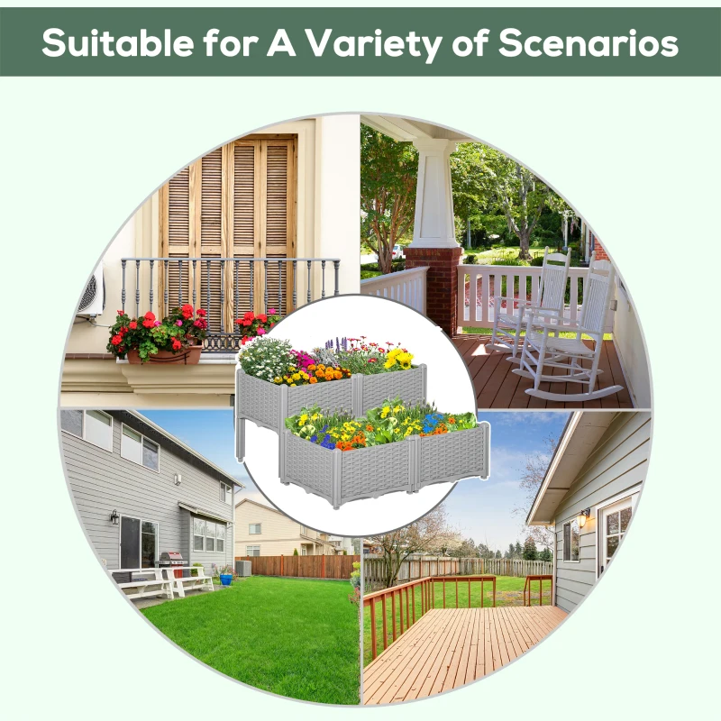 Outsunny Set of 4 26L Garden Raised Bed Elevated Patio Flower Plant Planter Box PP Vegetables Planting Container, Grey