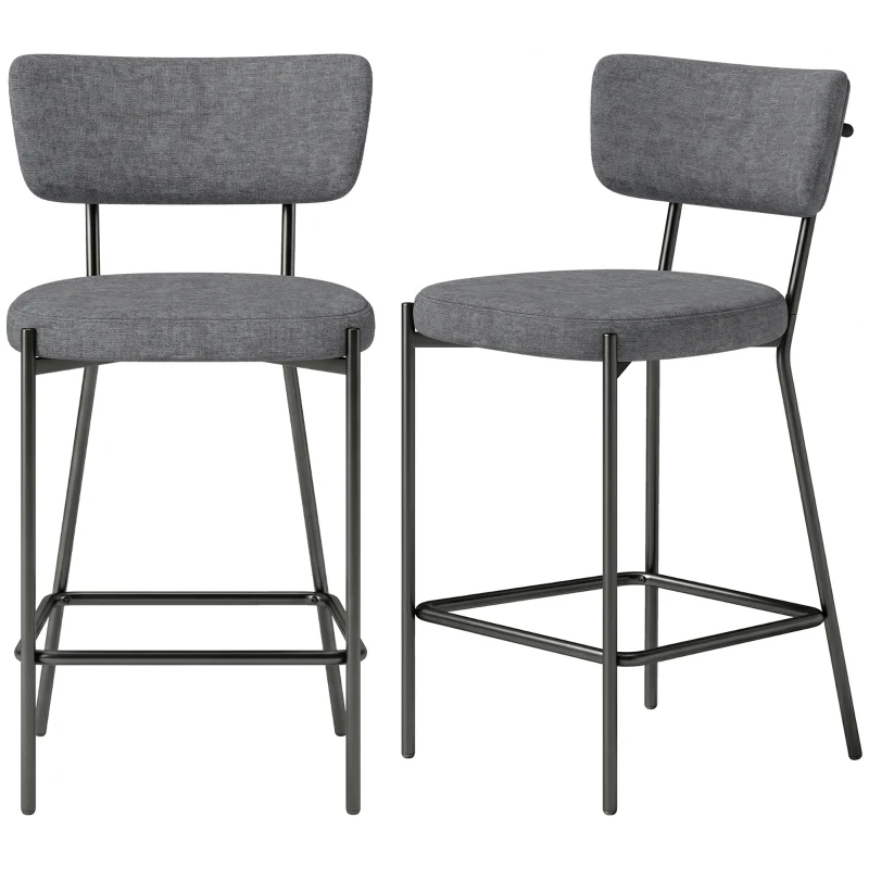 HOMCOM 2-Piece Bar Stool Set, Padded Bar Stools with Curved Backrest, for Kitchen Island, Breakfast Nook, Gray