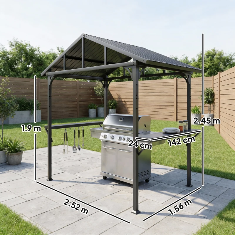 Outsunny Gazebo per barbecue 2,52 x 1,56 m, gazebo impermeabile con tetto a capanna, ripiani laterali, ganci, telaio in acciaio, Nero