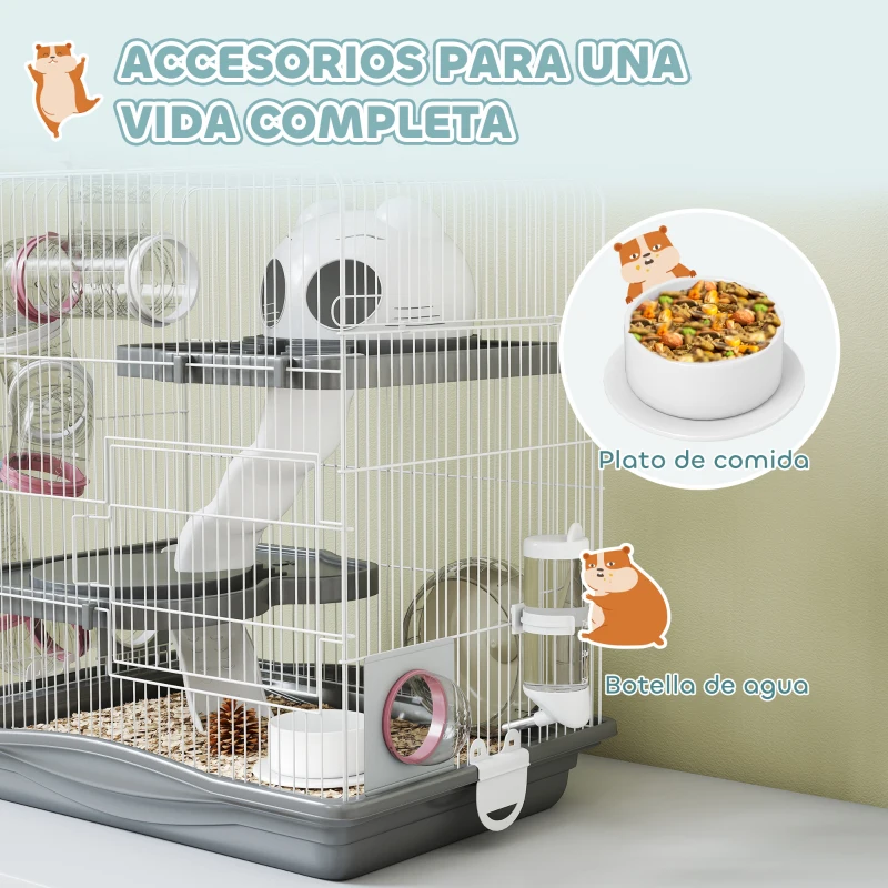 PawHut Jaula para Hámster con Túnel Plataformas Cuenco Bebedero Casita Rampas y Rueda de Ejercicio 45x30x45 cm Gris