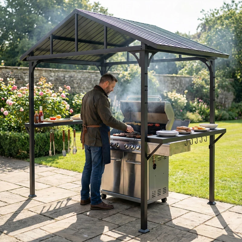Outsunny Gazebo per barbecue 2,52 x 1,56 m, gazebo impermeabile con tetto a capanna, ripiani laterali, ganci, telaio in acciaio, Nero