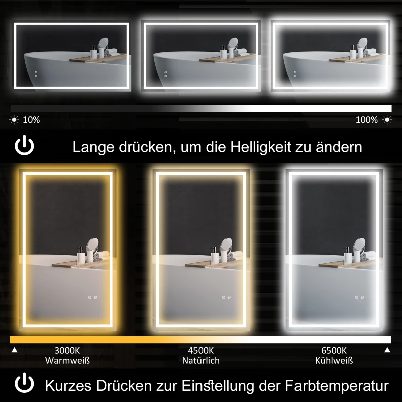 HOMCOM LED-Badezimmerspiegel, einstellbare Helligkeit, Antibeschlag-Funktion, wasserfest