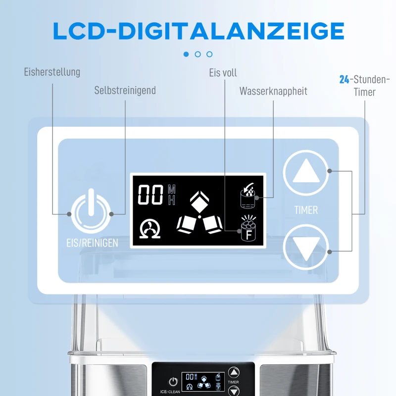 HOMCOM Eiswürfelmaschine, Eiswürfelspender, Ice-Maker, 20 kg/24h Eiswürfelbereiter mit 2,1 L Wassertank, Silber