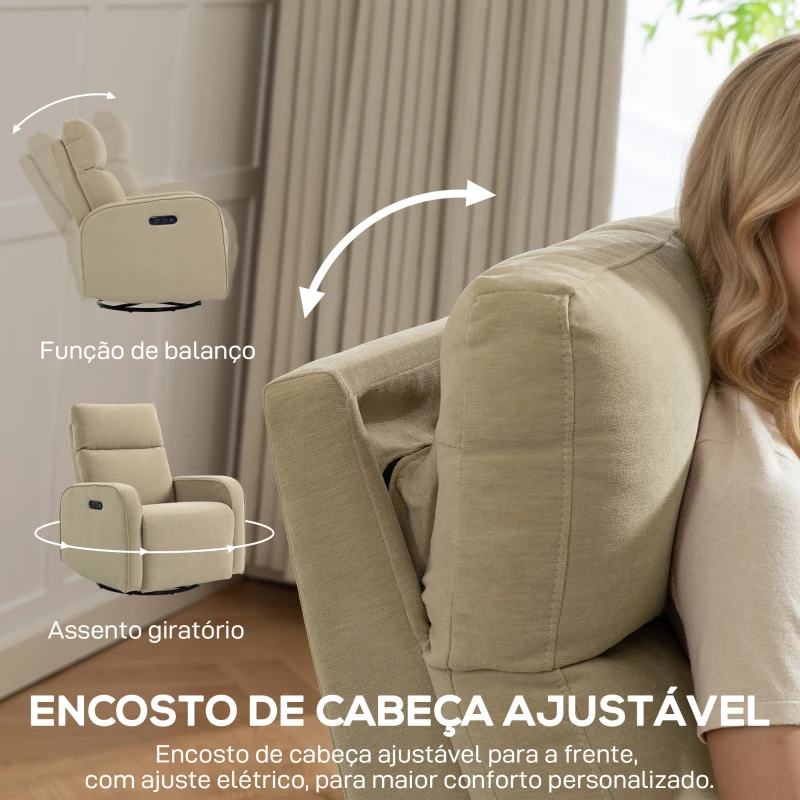 HOMCOM Poltrona Relax Reclinável Elétrica com Duplo Motor Giratória e Baloiço com Encosto de Cabeça Ajustável Portos USB e USB-C Bege