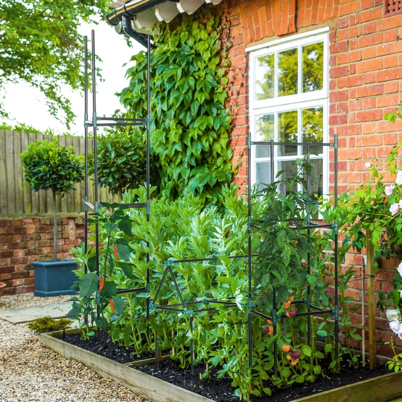 Outsunny latwerk, set van 3 stuks, plantenhouder, steunpalen voor tuinplanten, tomatenkooi voor klimplanten, staal, groen, 38 x 38 x 182 cm