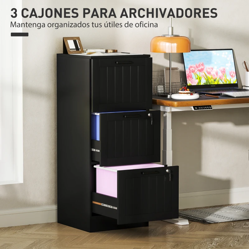 HOMCOM Mueble Archivador con 3 Cajones Cajonera para Escritorio con Cerraduras Carpetas para A4 y Carta 40x40x101 cm Negro