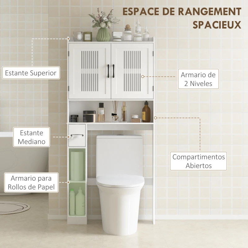 HOMCOM Estantería sobre Inodoro con Estante Ajustable 2 Puertas Soporte para Papel Higiénico y Estantes Abiertos para Baño Blanco