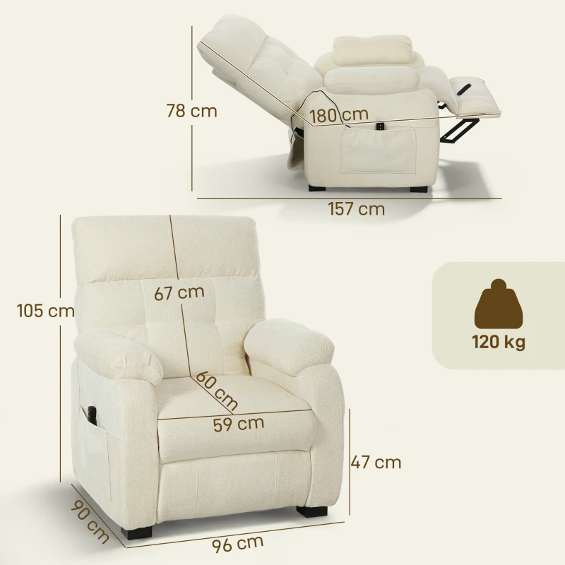 HOMCOM Sillón Reclinable 150° Efecto Terciopelo con Reposapiés, Mando a Distancia y Bolsillo Lateral, 96x90x105 cm, Blanco