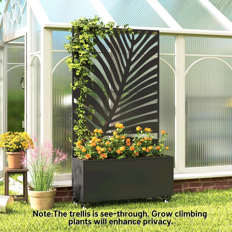 Outsunny Jardinieră cu spalier, cuvă pentru flori, cu paravan de intimitate și roți blocabile, metal, 90 x 30 x 160 cm, negru