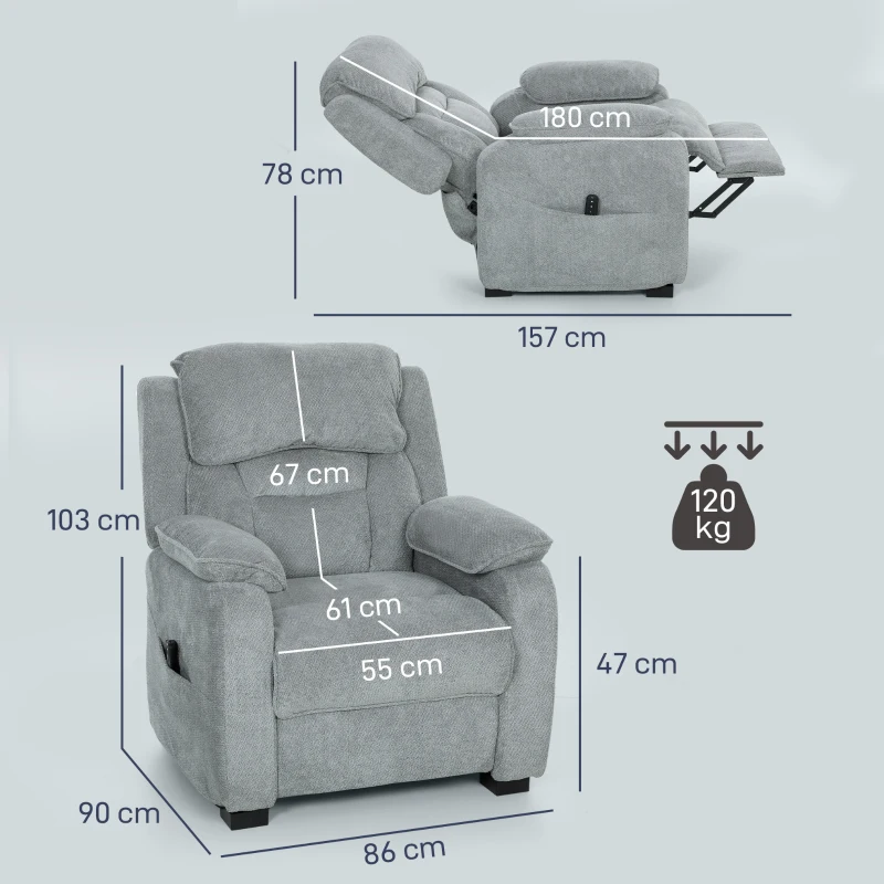 HOMCOM Sillón Reclinable 150° Efecto Terciopelo con Reposapiés, Mando y Bolsillo Lateral, 96x90x103 cm, Gris
