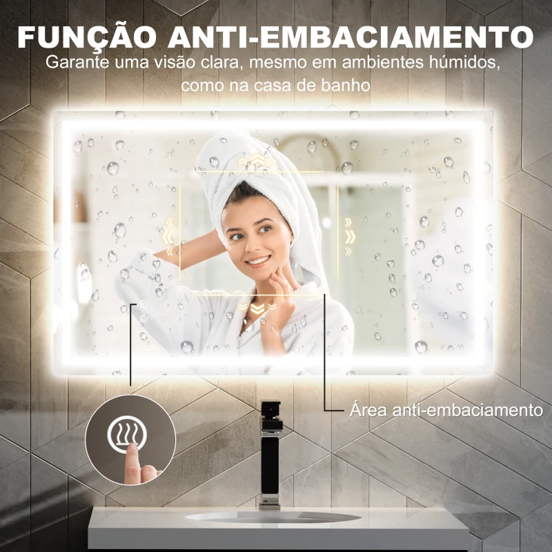 HOMCOM Espelho Casa de Banho com Luz LED 100x60 cm Espelho de Parede com Iluminação Anti-Embaciamento Brilho Ajustável e Interruptor Tátil