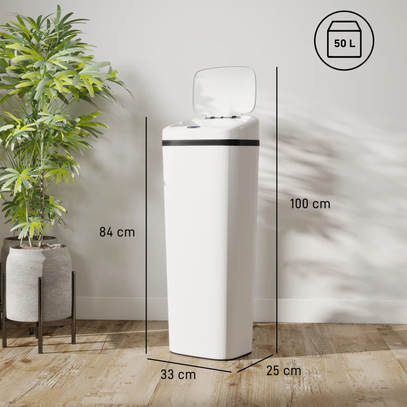 HOMCOM Balde de Lixo Automático 50L Estreito em Aço Inoxidável com Sensor Infravermelhos Modo Manual 33x25x84 cm Branco