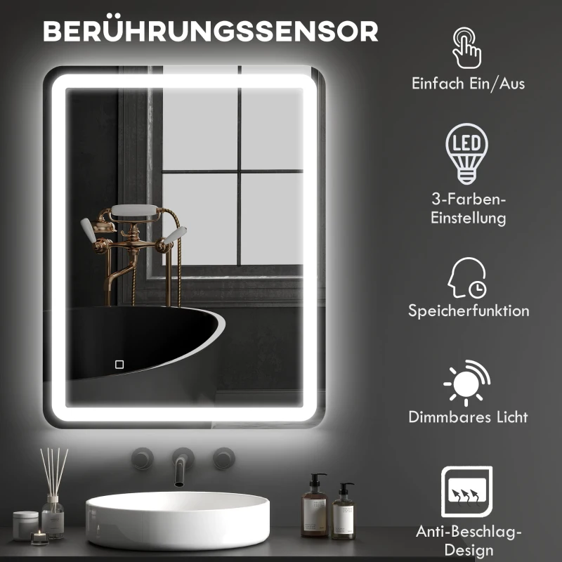 HOMCOM Badezimmerspiegel, beleuchtet, Touch-Steuerung, beschlagfrei, dimmbar, 3 Lichtfarben, 70x90, Silber