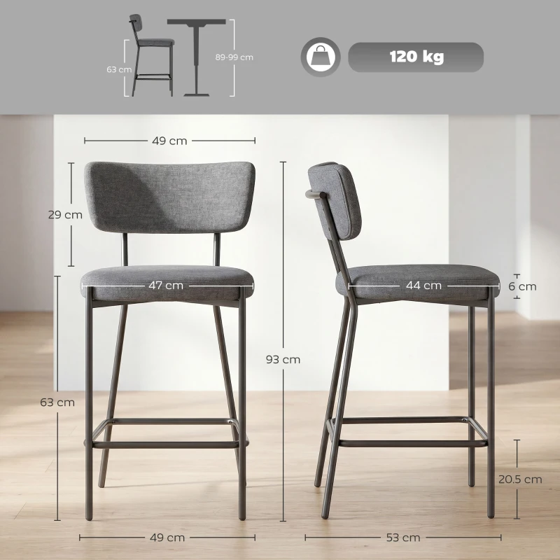 HOMCOM 2-Piece Bar Stool Set, Padded Bar Stools with Curved Backrest, for Kitchen Island, Breakfast Nook, Gray