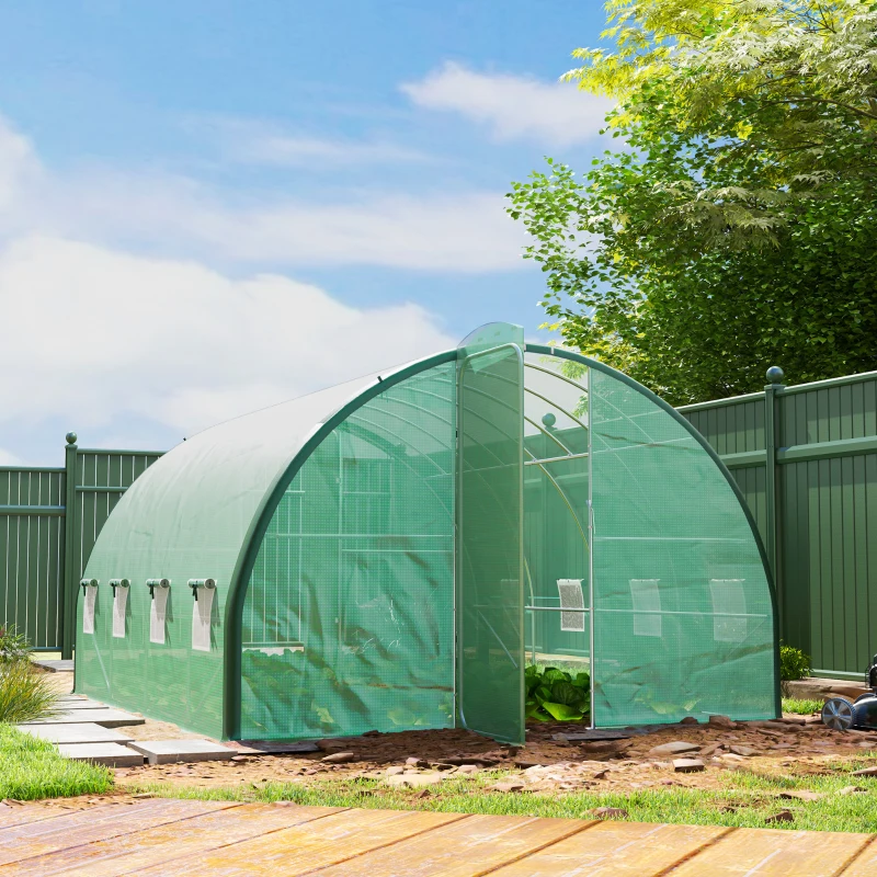 Outsunny 4 x 3 m Polytunnel Greenhouse, with Windows and Doors - Green