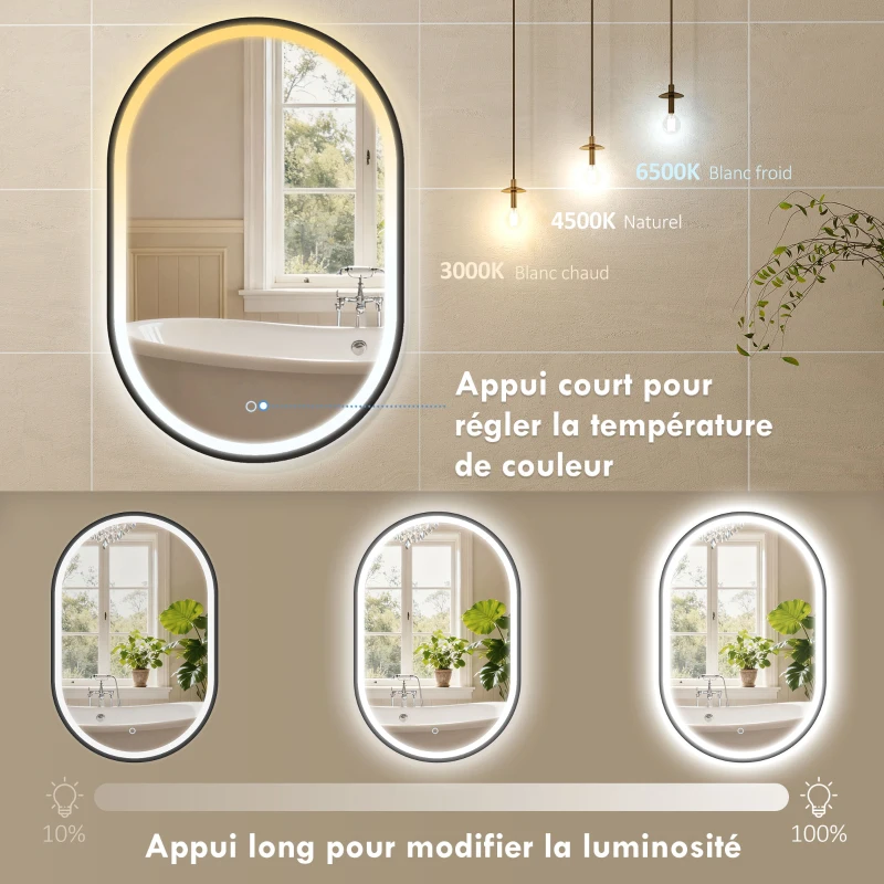 HOMCOM Miroir salle de bain éclairage LED 50x70cm, miroir lumineux salle de bain mural interrupteur tactile, lumière 3 couleurs