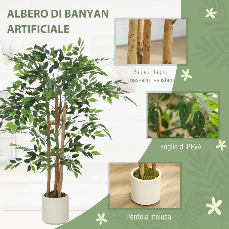 HOMCOM Pianta Artificiale di Baniano Verde in PEVA e Legno con Vaso Contenitore in PP e Cemento, 55x55x120 cm