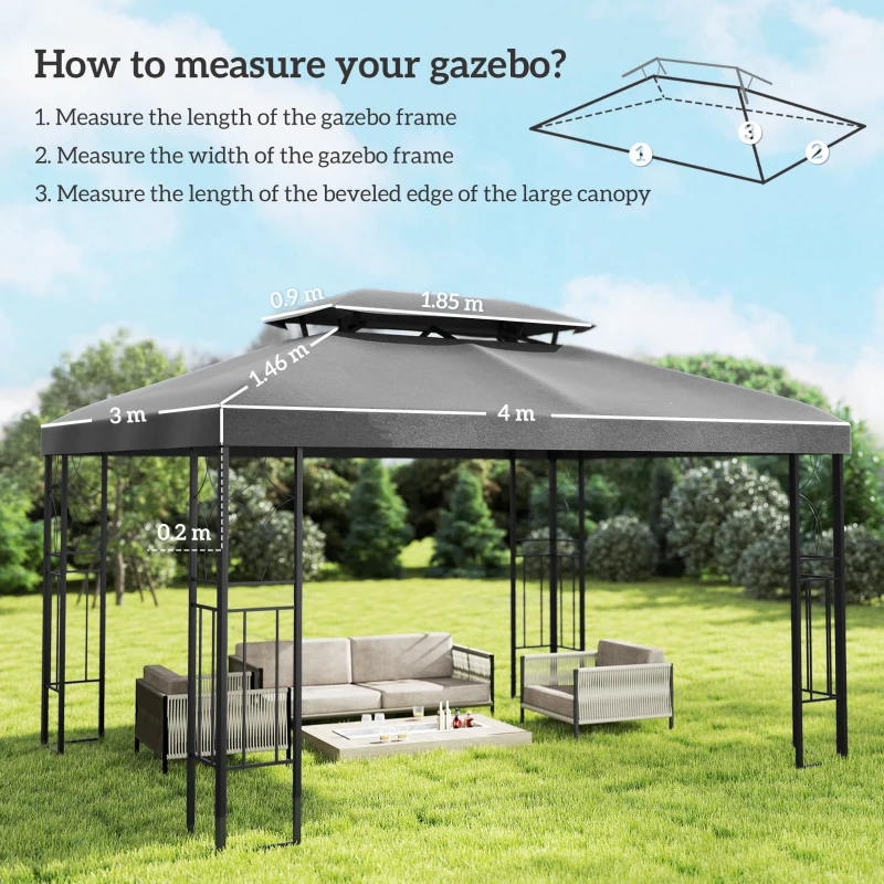 Outsunny Telo di Ricambio 4x3 m con Tetto Doppio Fori di Drenaggio e Protezione UV Solo telo NO include struttura Grigio Scuro